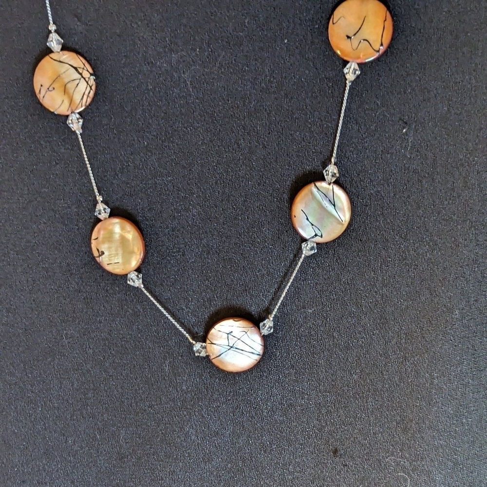 🐚 you & i necklace mother of pearl tangerine discs beaded silver tone ch…